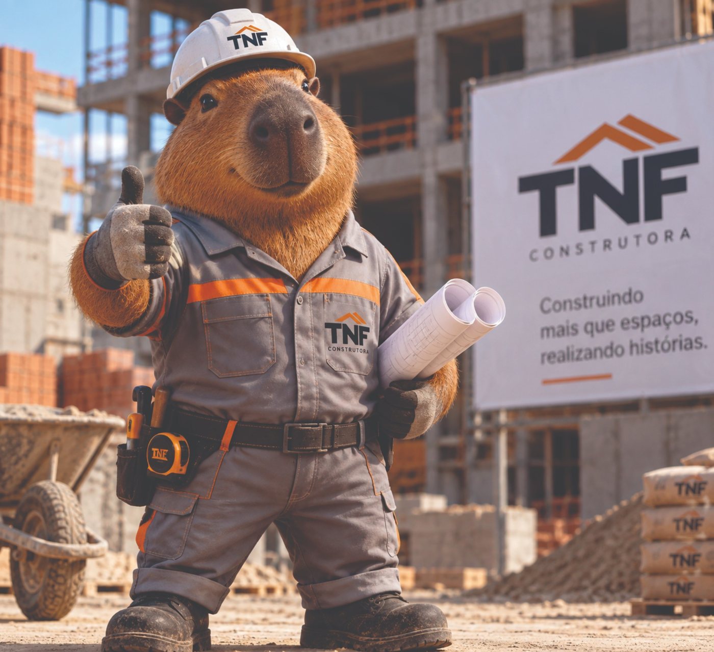 Mascote da TNF Construtora, uma capivara de capacete e uniforme, com o polegar para cima em frente a uma obra
